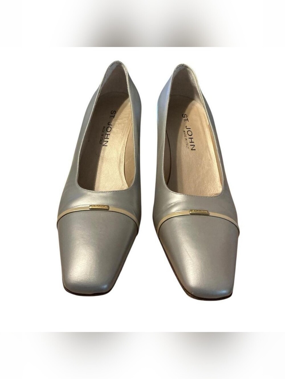 St. John Metallic Gray Pointed Toe Pumps with Subtle Gold Accent